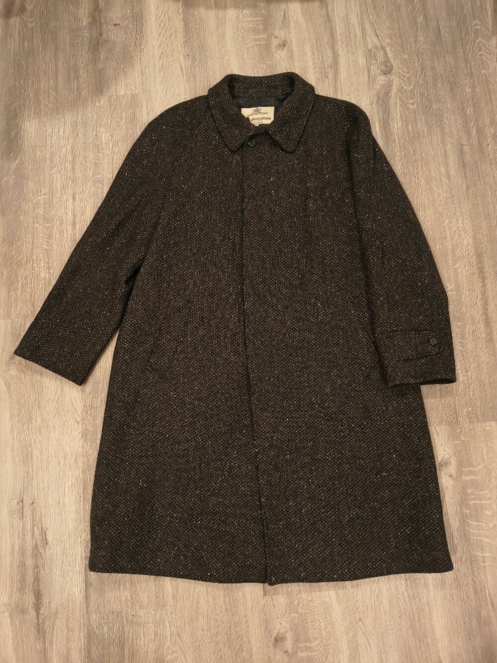 VTG Aquascutum Black Grey Twill Wool Tweed Overcoat - 42/ large